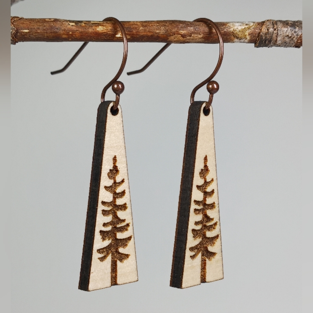 HAND CRAFTED Rustic Woodland Pine Tree Dangle Earrings - Picture 3 of 5